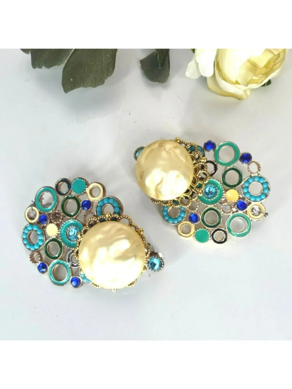 Coastal Pearl Barrettes Set of 2 | Blue Green Hair Clips | Handmade Vintage Jewe
